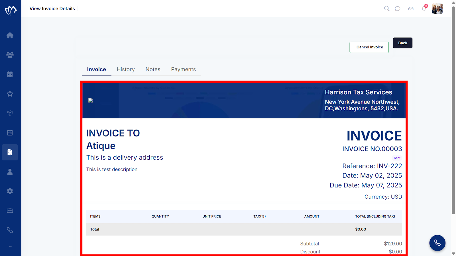 Invoice tab